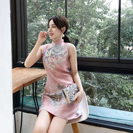 2024夏季改良旗袍时尚气质中国风重工钉珠刺绣收腰显瘦无袖连衣裙