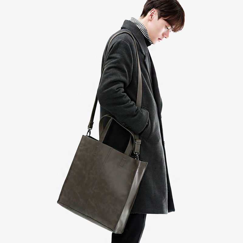 Korean version of fashionable PU leather shoulder bag, simple commuter men's and women's tote bag, square vertical crossbody large-capacity handbag_voghion.com