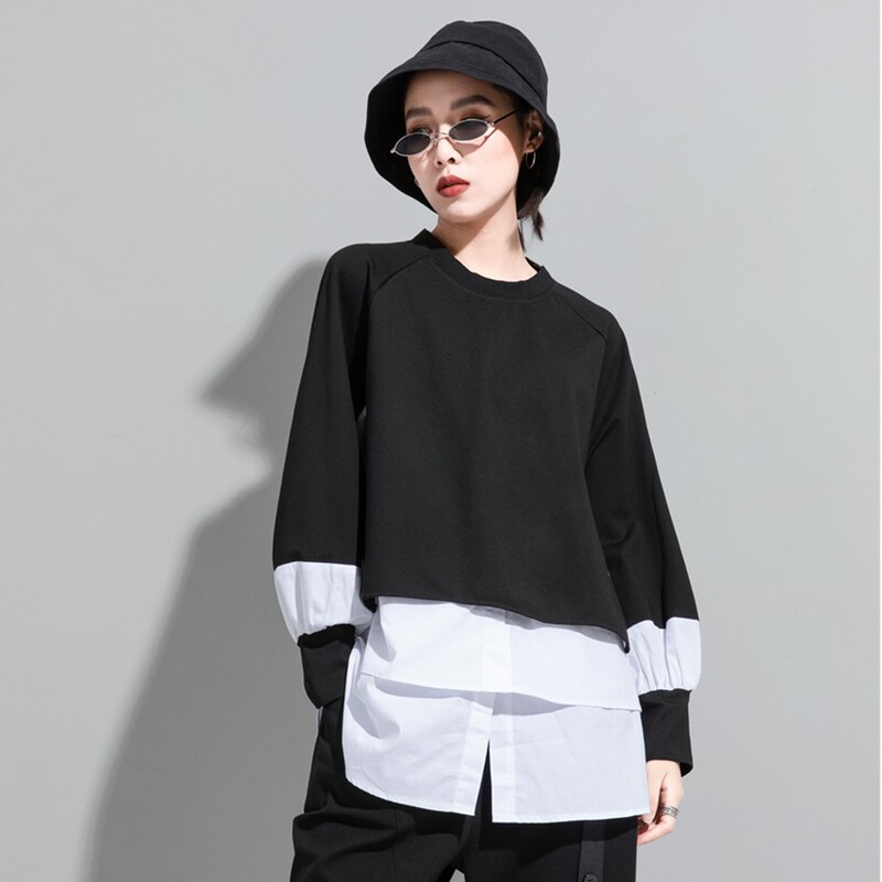 European and American Autumn and Winter New Diablo Crewneck Base Fake Two-piece Straight Stitching Shirt Fashion Brand Long-sleeved T-shirt for Women