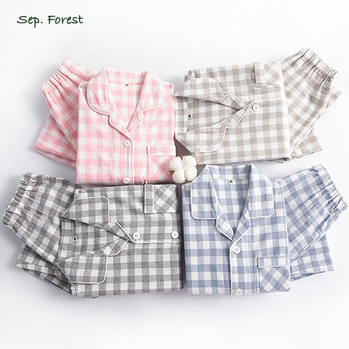 Autumn New Arrival 100% Cotton Fuzzy Slub Check Single Thread Velvet Homecoming Set for Parent-Child, Unisex Boys and Girls Sleepwear Suite