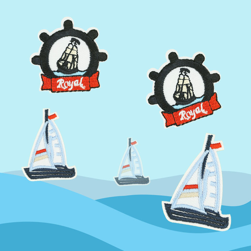 刺绣童装辅料布贴批发帆船小补丁贴带背胶船舵新款海锚电脑绣花标