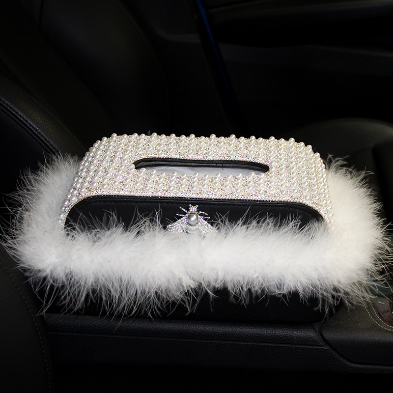 Caja de pañuelos de perlas con incrustaciones de diamantes creativos para coche, cojín de plumas, decoración, asiento, servilleta, caja de dibujo, suministros para coche