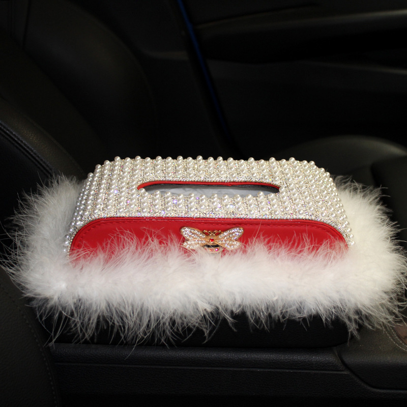Caja de pañuelos de perlas con incrustaciones de diamantes creativos para coche, cojín de plumas, decoración, asiento, servilleta, caja de dibujo, suministros para coche