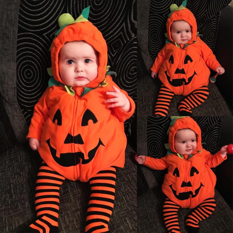 INS ropa para niños nuevo mameluco de calabaza de Halloween estilo europeo y americano lindo sin mangas con capucha cremallera mameluco ropa de una sola pieza