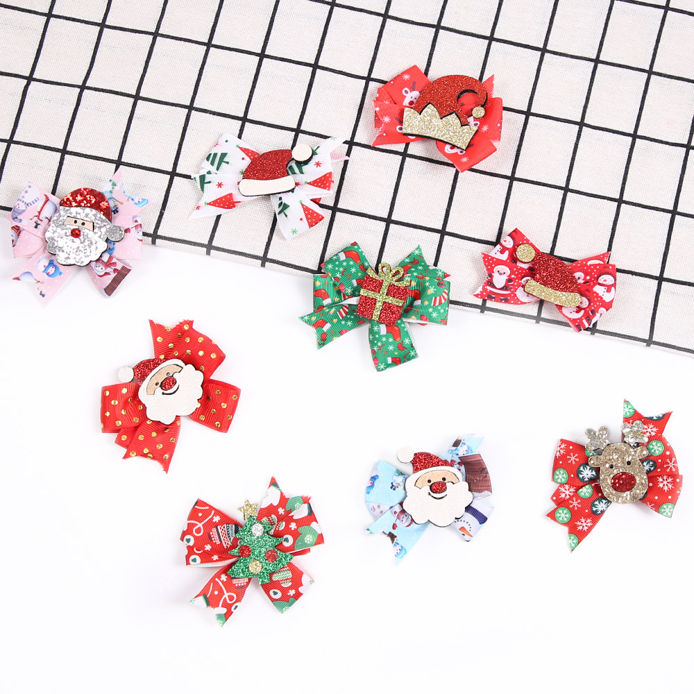 Pasador de pelo navideño con diseño de cuernos de reno, lazo, adornos navideños, dibujos animados infantiles, brillantina, gorro de Papá Noel, clip lateral image 2