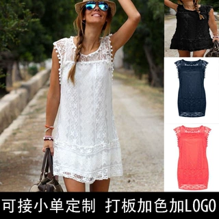 速卖通EBAY亚马逊欧美白色蕾丝花边毛球无袖连衣裙有里布时尚收腰