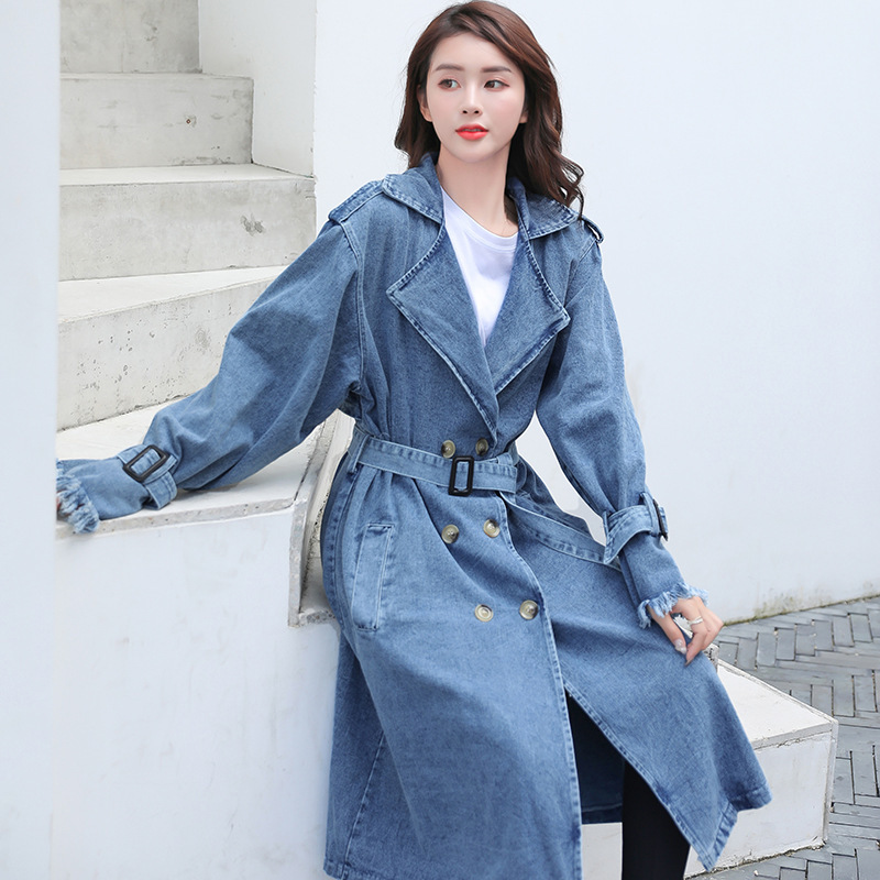 Real Shot Large Size Loose Mid-length Double-breasted Denim Coat with Belt for Women 19212