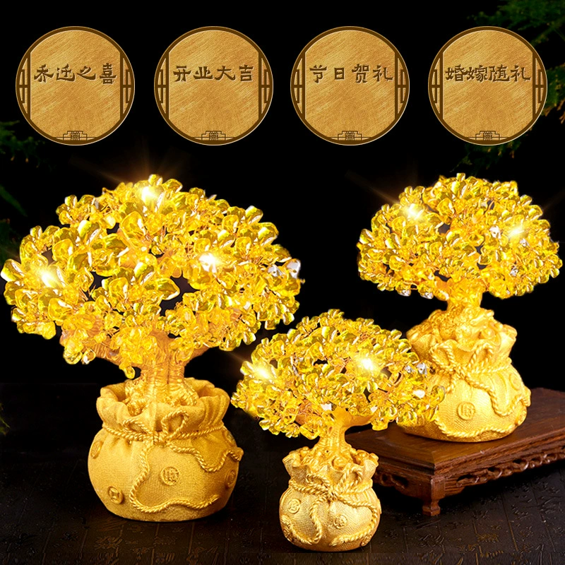 Crystal Money Tree Ornament, Citrine-Style Fortune Tree, Resin Base, 17 × 9 × 9 cm