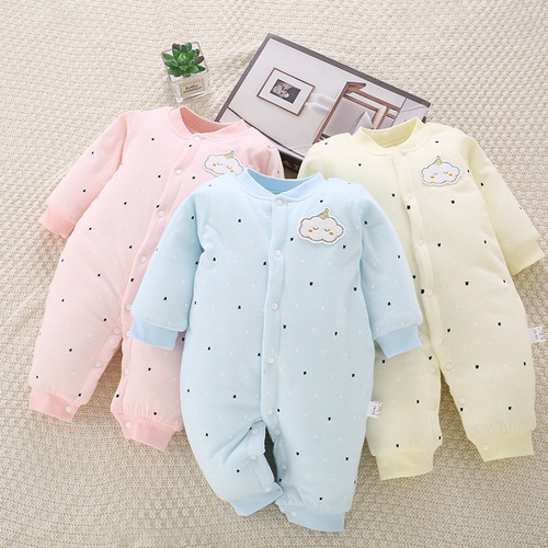 Winter baby jumpsuit, three-layer warm quilted newborn clothes, pure cotton boneless cotton clothes, baby sleeping clothes and crawling clothes