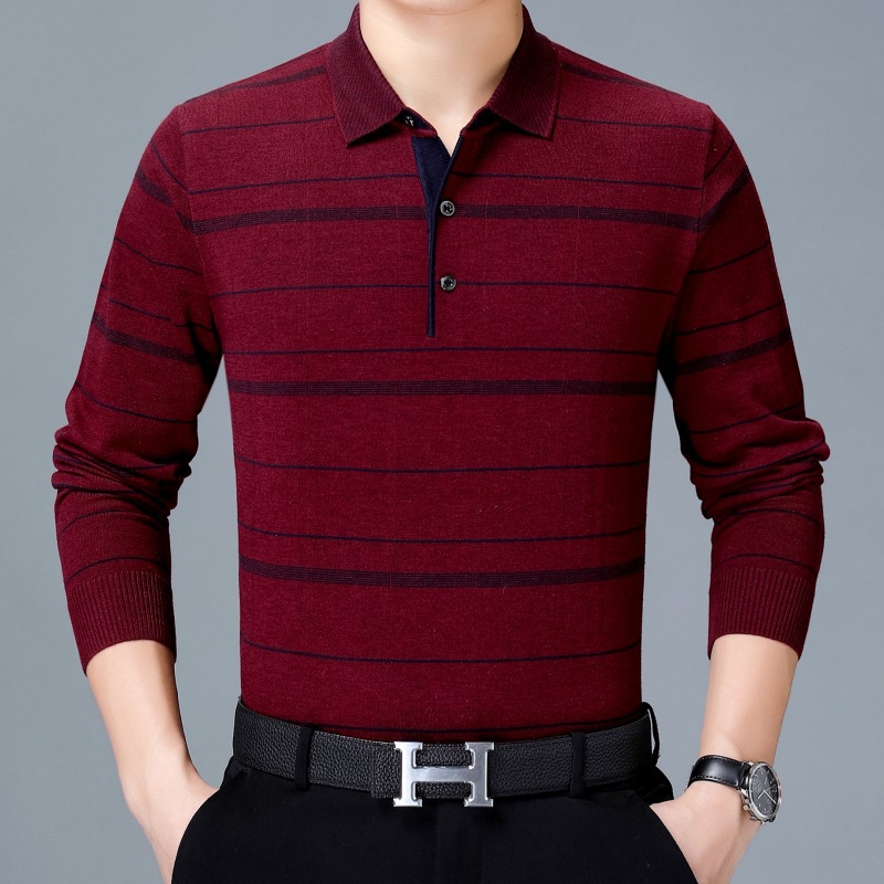 2023男装t恤羊绒长袖T恤中年男士商务休闲条纹百搭上衣爸爸装大码