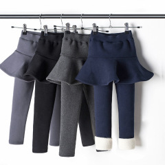 Women and Children's Winter Warm Fleece Padded Leggings with Pseudo-Two-Piece Skirt Pants for Middle-Aged Children, Plain Color Pure Cotton Pants