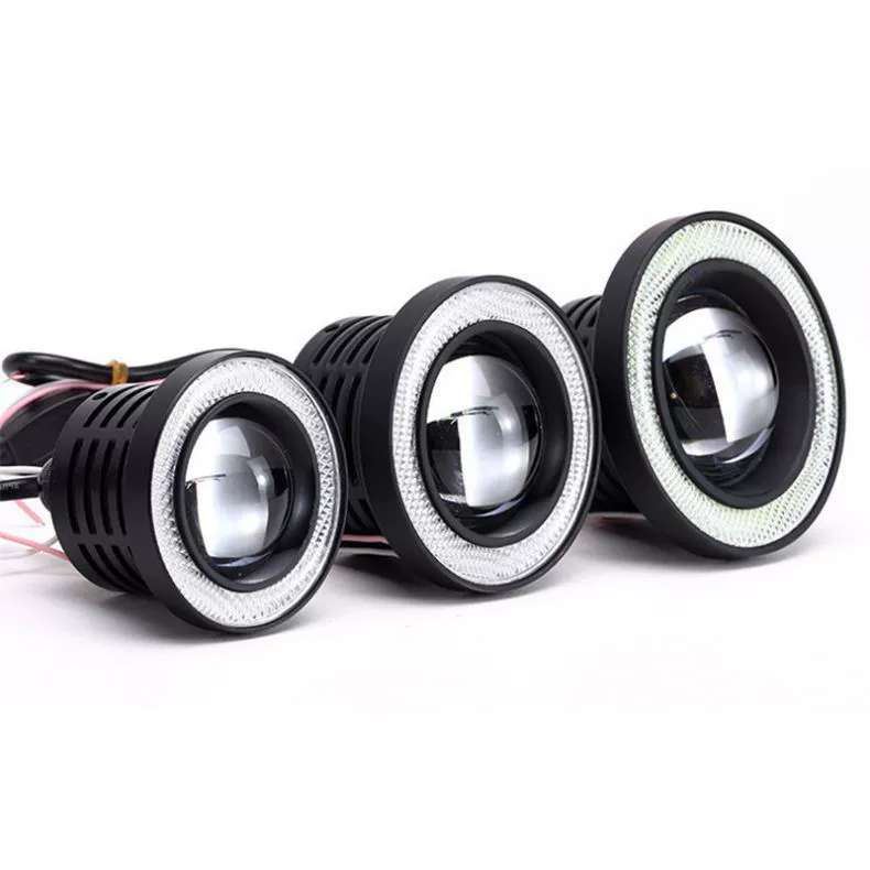 Автомобильные LED противотуманные фары с ангельскими кольцами COB, дневные ходовые огни, модифицированная «рыбий глаз» линза, отверстие 76 мм/89 мм