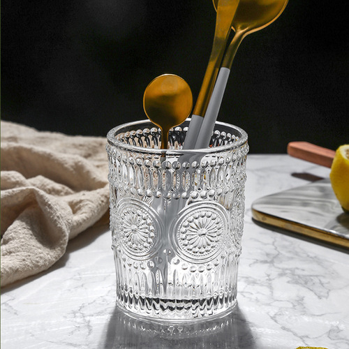 Vintage gold-edged sunflower embossed round glass cups, household 6-piece gold-trimmed glass cups