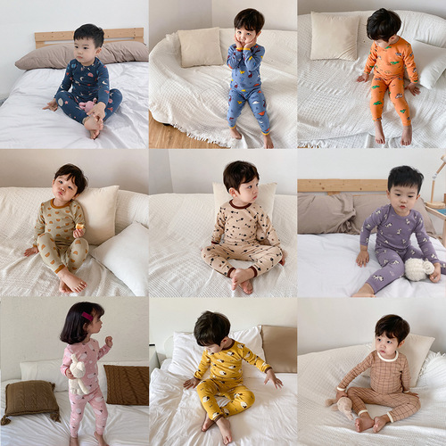 Children's autumn and winter cartoon wool pull-up home clothes baby round neck underwear boys and girls pajamas autumn clothes suit trendy