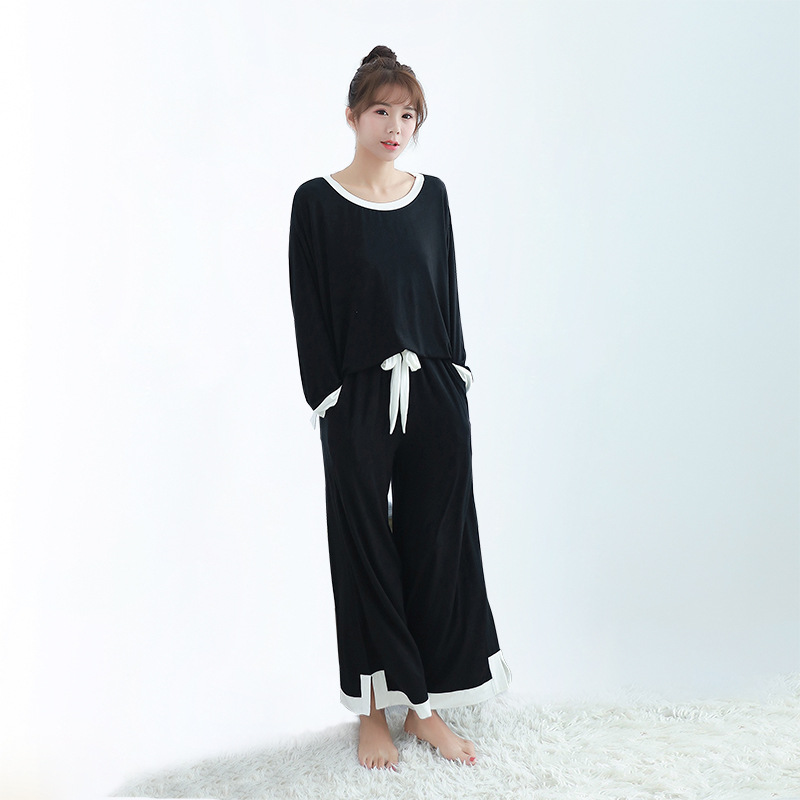 Primavera y otoño modal gordito chica cuello redondo manga larga contraste color Pantalones anchos traje casual mujer de dos piezas homewear