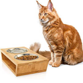 竹木制猫咪碗架陶瓷不锈钢双碗猫狗碗架打翻护颈椎碗架猫狗食具