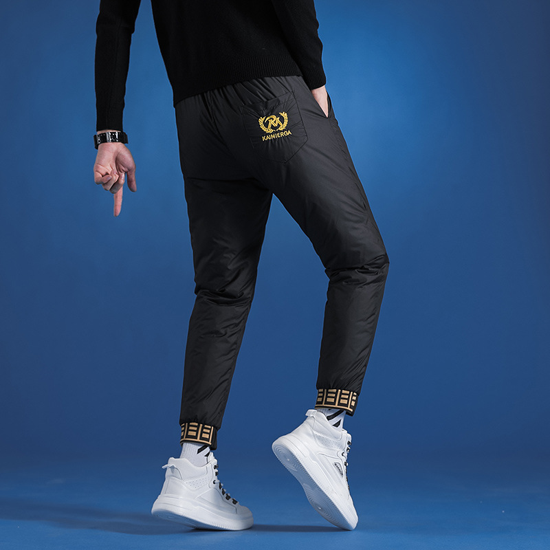 Men's down-filled trousers, thickened for winter wear, stylish long trousers, men's goose down trousers.
