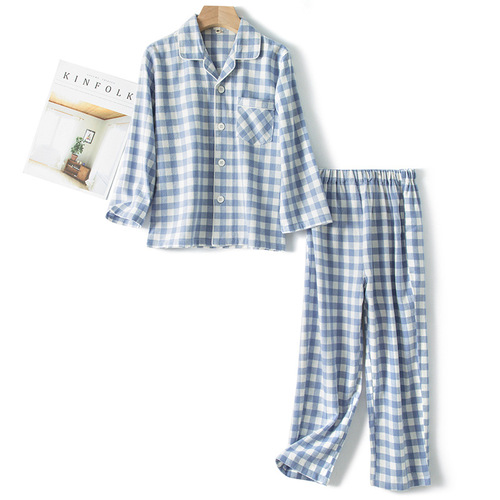 Autumn New Arrival 100% Cotton Fuzzy Slub Check Single Thread Velvet Homecoming Set for Parent-Child, Unisex Boys and Girls Sleepwear Suite
