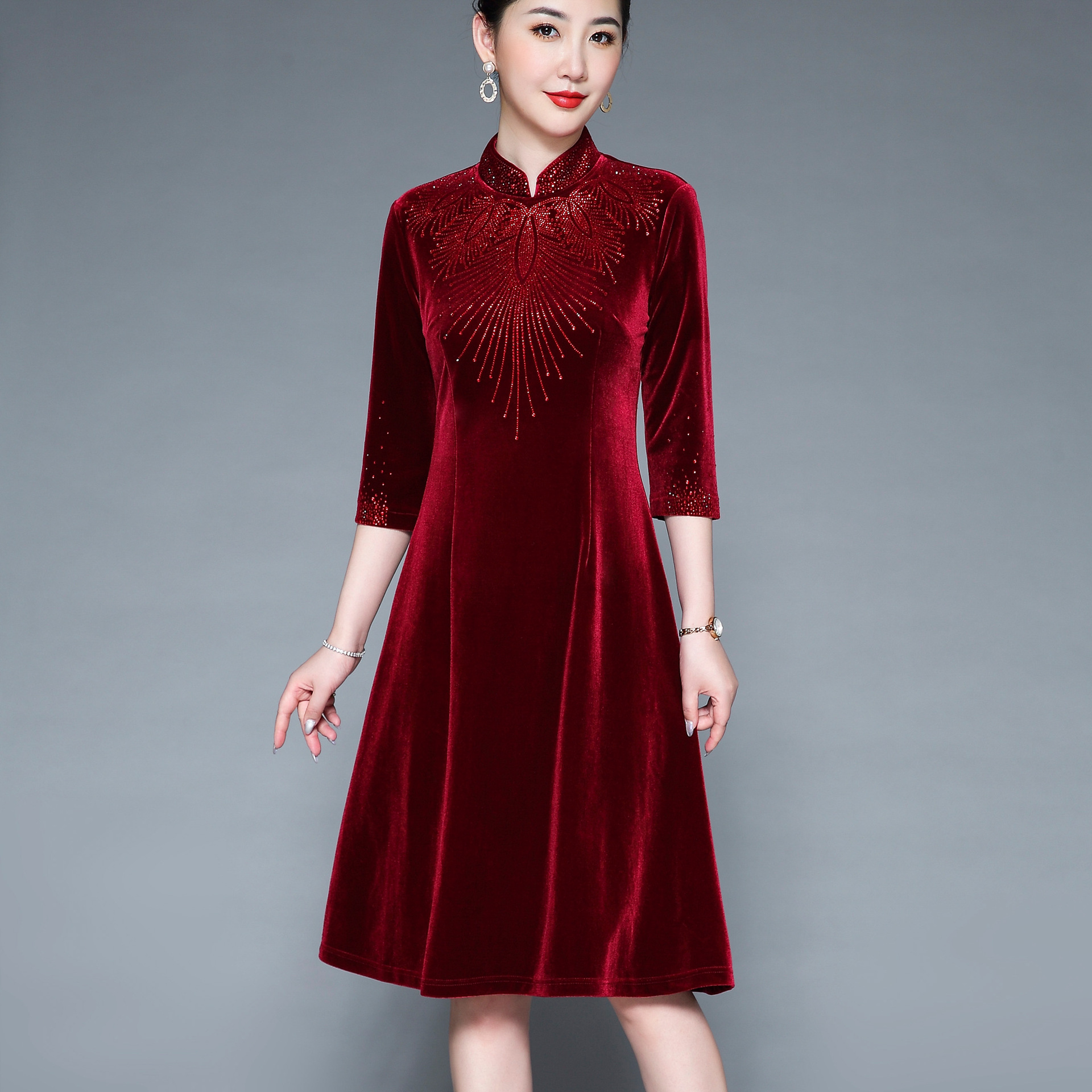 2022 Spring and Autumn New Elegant and Decent Festive Velvet Collar Gold Velvet 2846 Wedding Mother Dress