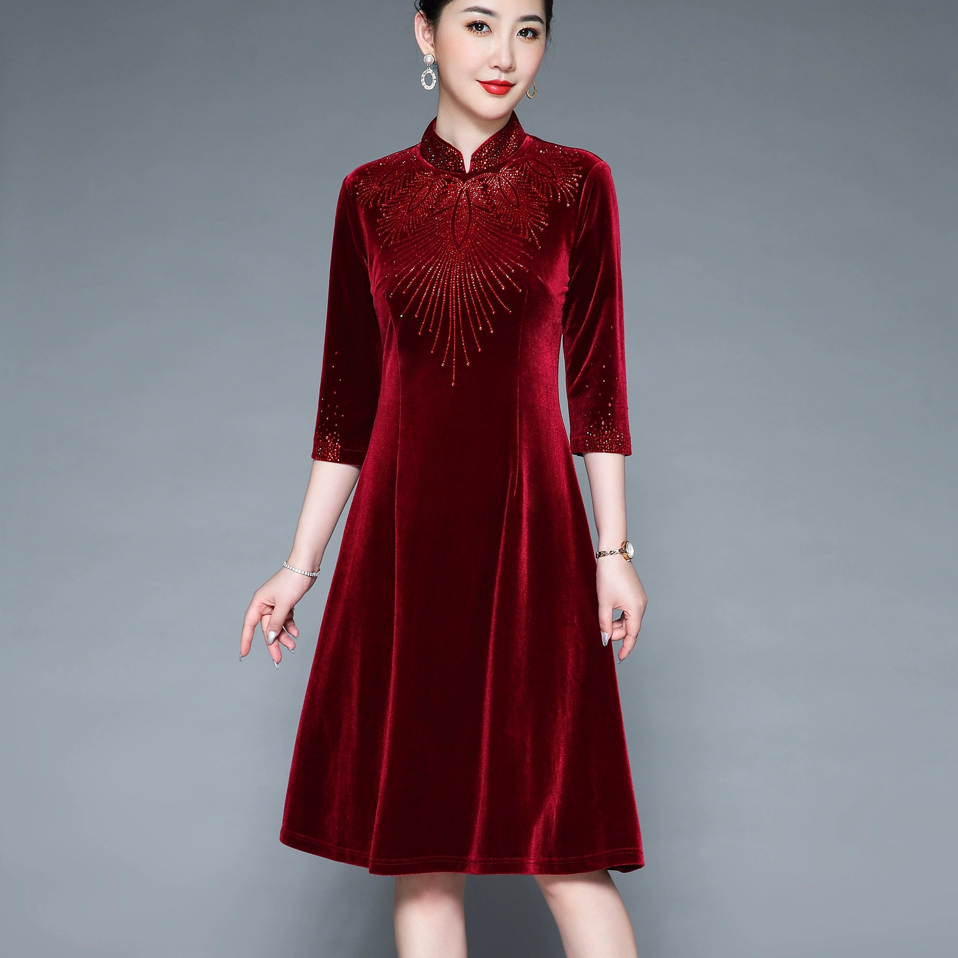 2022 весна и осень Новое элегантное и достойное праздничное бархатное воротник-стойка Золотой Бархат 2846 свадебное платье для матери