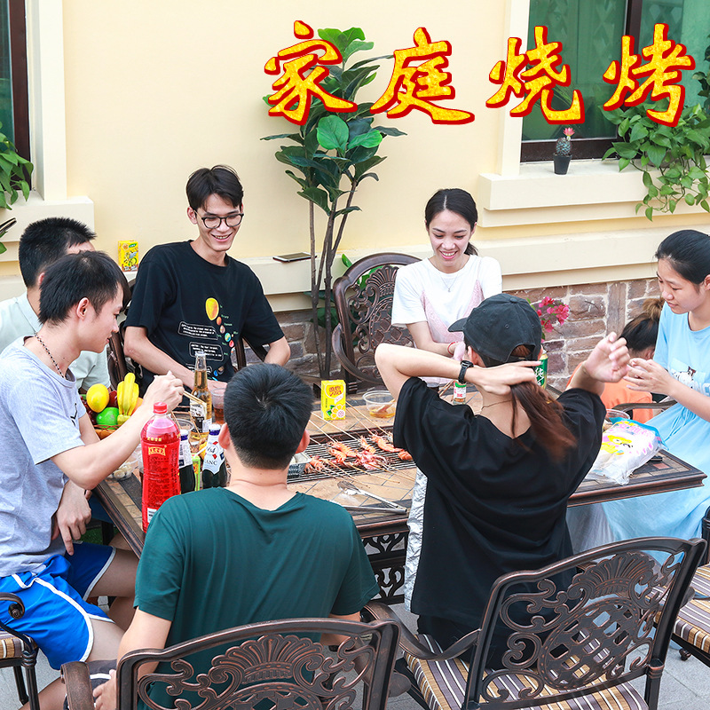 Outdoor BBQ Table Multi-use Cast Aluminum Carving Charged Carbon Oven Hot Pot Grill Plate Tile BBQ Balcony Table and Chair Combination