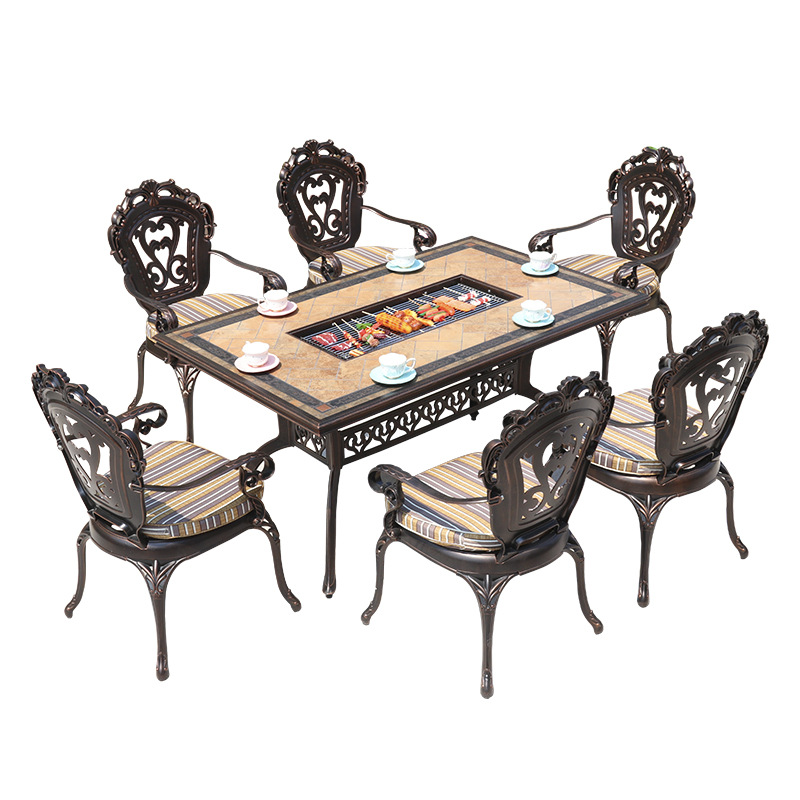 Outdoor BBQ Table Multi-use Cast Aluminum Carving Charged Carbon Oven Hot Pot Grill Plate Tile BBQ Balcony Table and Chair Combination