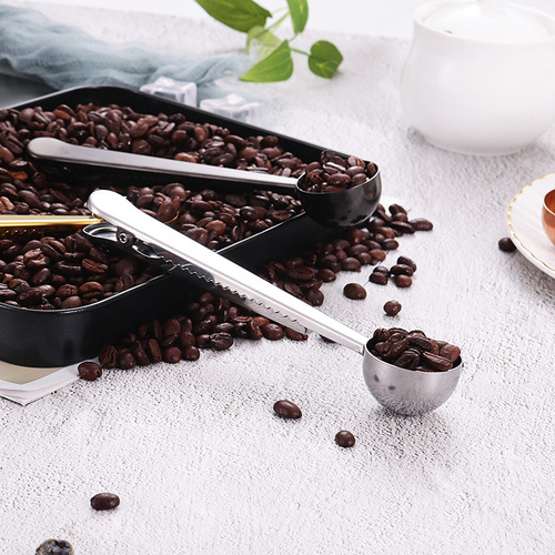 Stainless steel coffee bean spoon clip creative two-in-one measuring spoon with sealed mouth clip brushed matte gold milk powder spoon