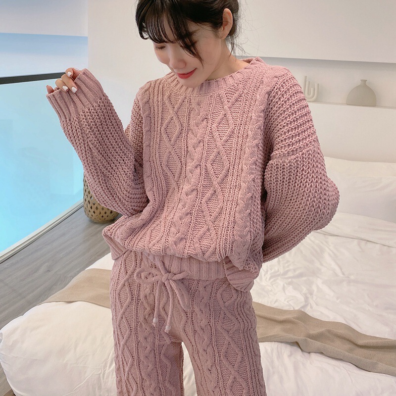 Japanese Chenille Knitted Pajamas Women's Autumn and Winter Solid Color Wool Thickened Warm Soft Home Clothes Two-piece Suit