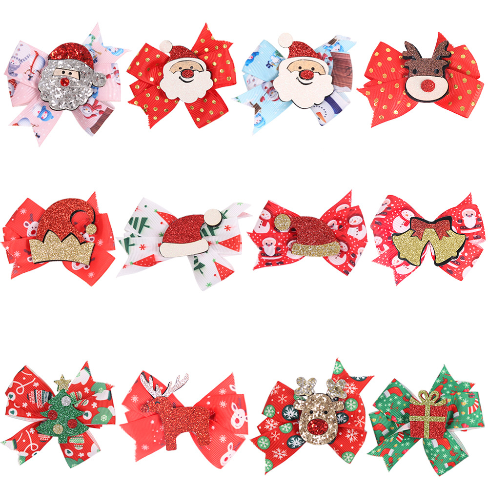 Pasador de pelo navideño con diseño de cuernos de reno, lazo, adornos navideños, dibujos animados infantiles, brillantina, gorro de Papá Noel, clip lateral