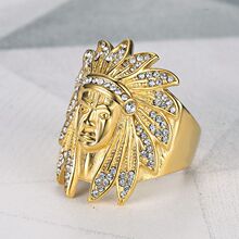 欧美跨境新款嘻哈HIPHOP指环 钛钢镀金镶钻印第安人酋长男士戒指