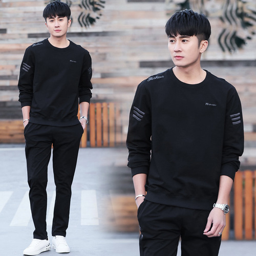 Men's Spring and Autumn  New Large Size Casual Sport Two-Piece Crew Neck Loose Embroidered Streetwear Set