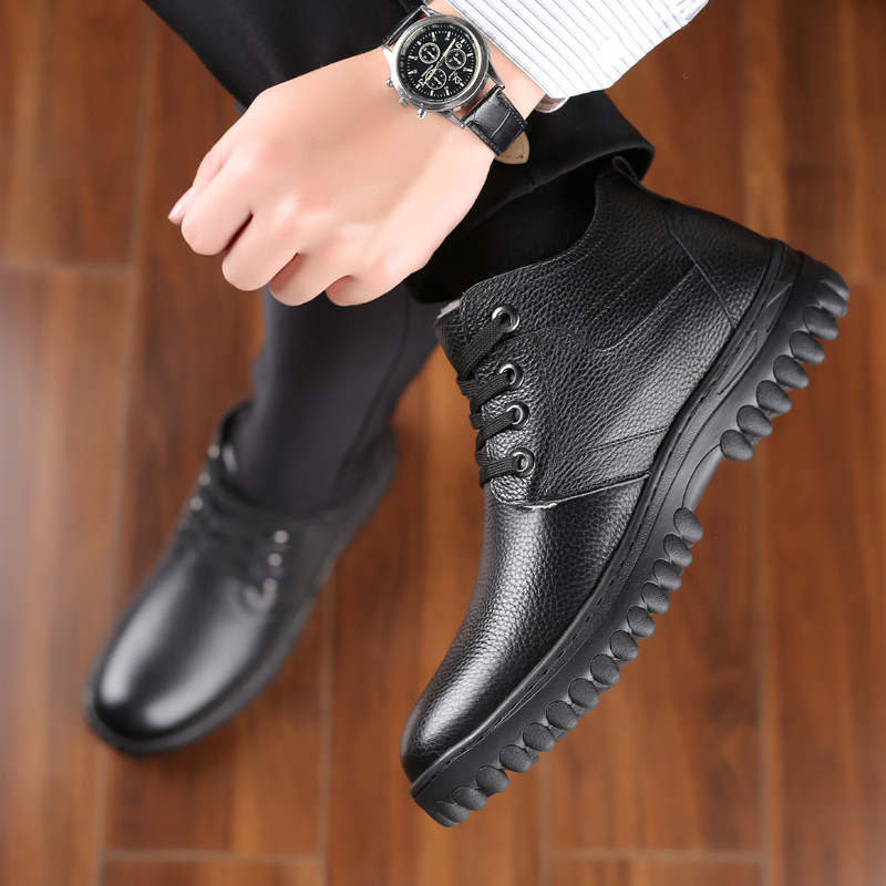 Invierno Nuevo cuero genuino zapatos de algodón de los hombres de lana caliente forrado de lana zapatos de los hombres capa superior de piel de vaca de mediana edad y ancianos zapatos de cuero de papá suave