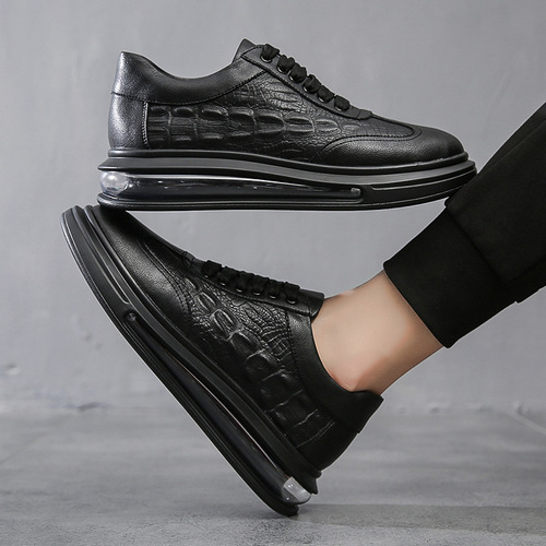 Leather men's casual air cushion shoes, spring and autumn new fashion shoes, breathable tie-up trendy brand shoes, white men's shoes