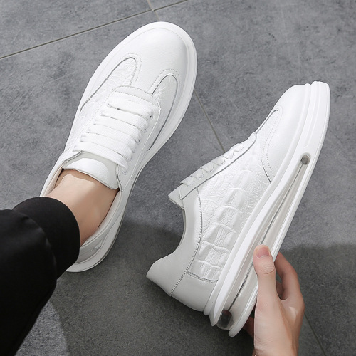 Leather men's casual air cushion shoes, spring and autumn new fashion shoes, breathable tie-up trendy brand shoes, white men's shoes