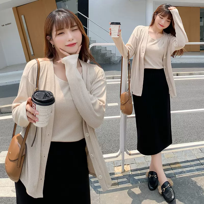 大码时尚休闲套装女秋冬显瘦纯色针织上衣搭配时尚百搭半身裙2562