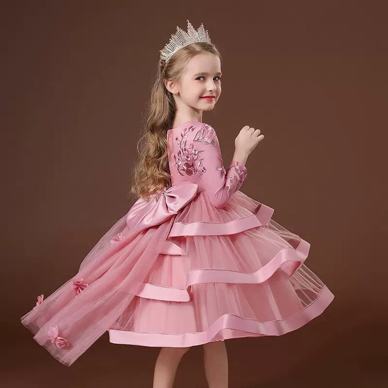 跨境儿童周岁女童礼服公主裙蓬蓬裙网纱拖尾连衣裙走秀舞台演出服