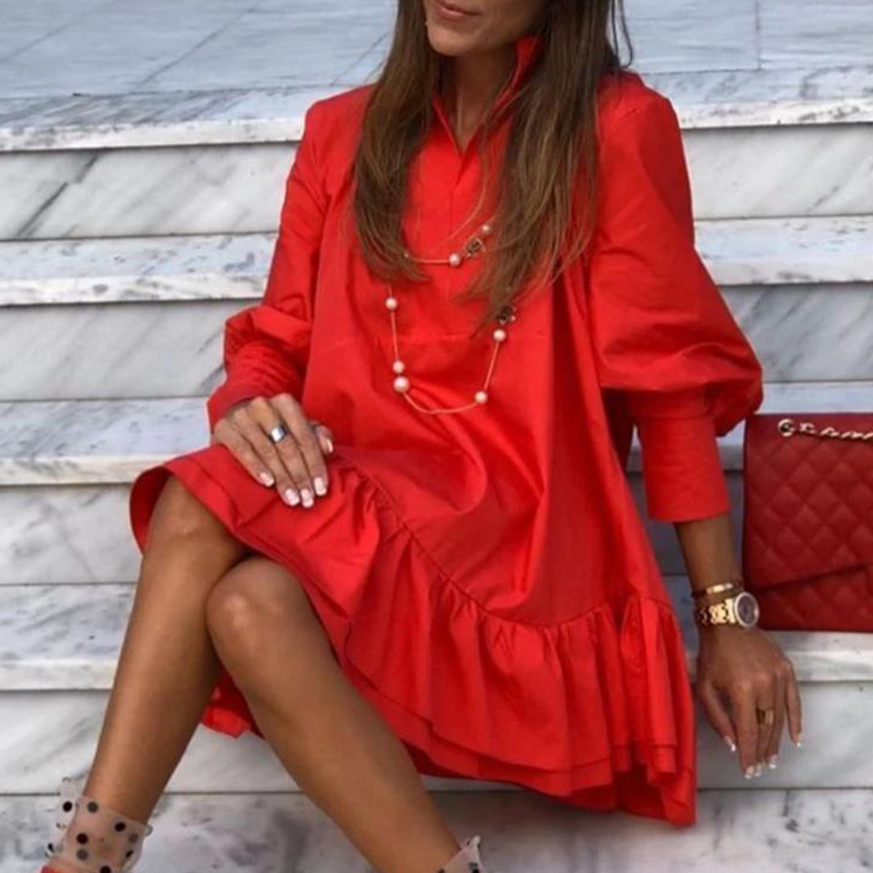 Cross-border 2024 New wish European and American ebay Amazon solid color Long Sleeve Mini back ruffled dress women Cross-border 2024 New wish European and American ebay Amazon solid color Long Sleeve Mini back ruffled dress women