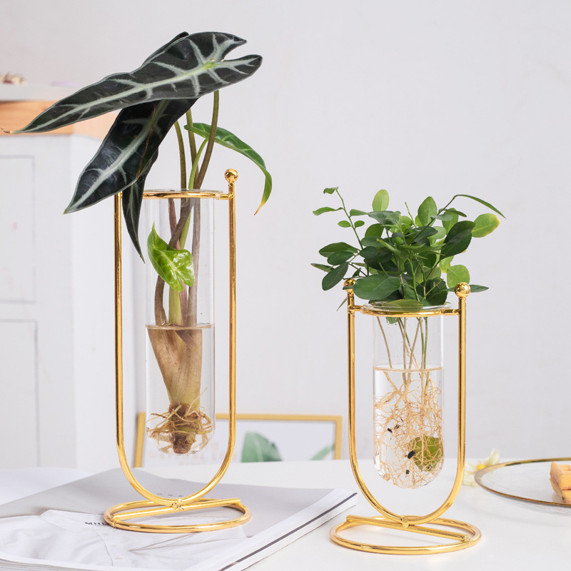 Fábrica al por mayor simple chapado en oro tubo de ensayo de vidrio de hierro florero arreglo floral flor seca planta verde hidropónico florero Decoración