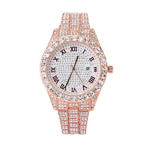 Cross-border foreign trade new style starry steel belt with diamonds hip-hop men's watch rhinestone Roman pattern calendar quartz women's watch