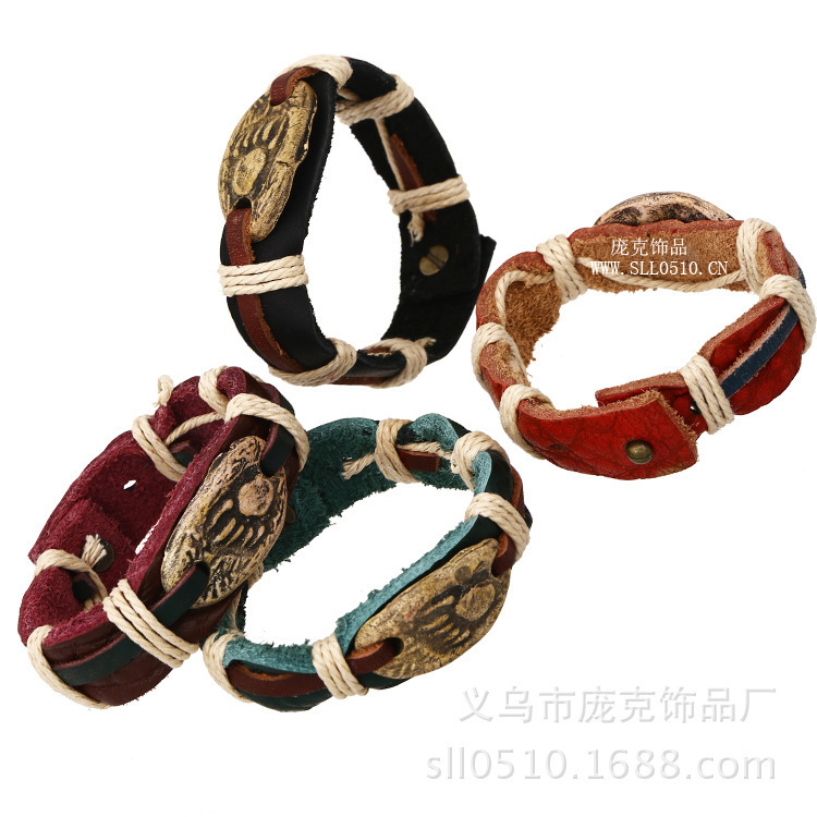 Punk jewelry clay bear palm cowhide bracelet multi-color mixed hair factory direct genuine leather bracelet leather jewelry