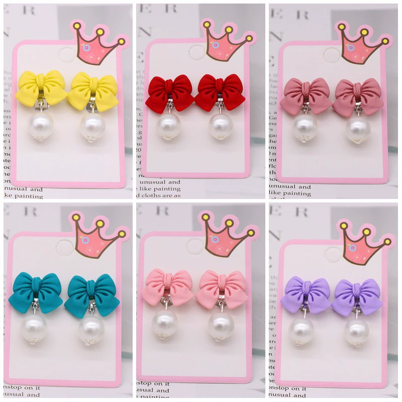 Детские зажимы для ушей без отверстий для ушей, поддельные серьги, милые серьги-банты, ювелирные изделия для маленьких девочек и девочек, висячие серьги-бусины