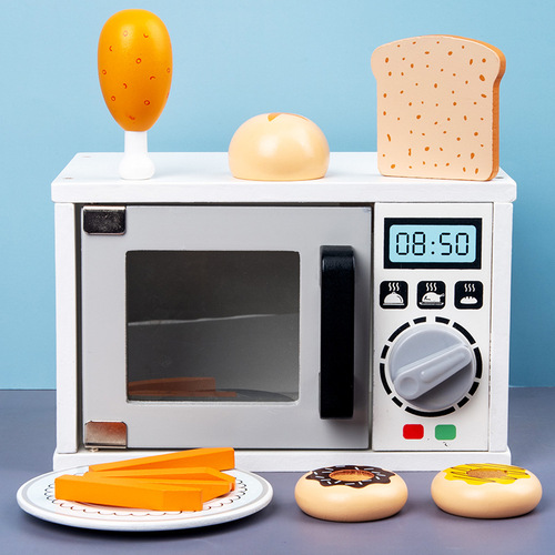 Wooden children's simulated microwave oven kitchen toys play house bread baking dessert meal kitchenware set toys
