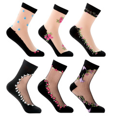 Ness spring and summer new crystal silk socks for women with mid-tube flowers sexy thin anti-snatch silk transparent cotton bottom stockings