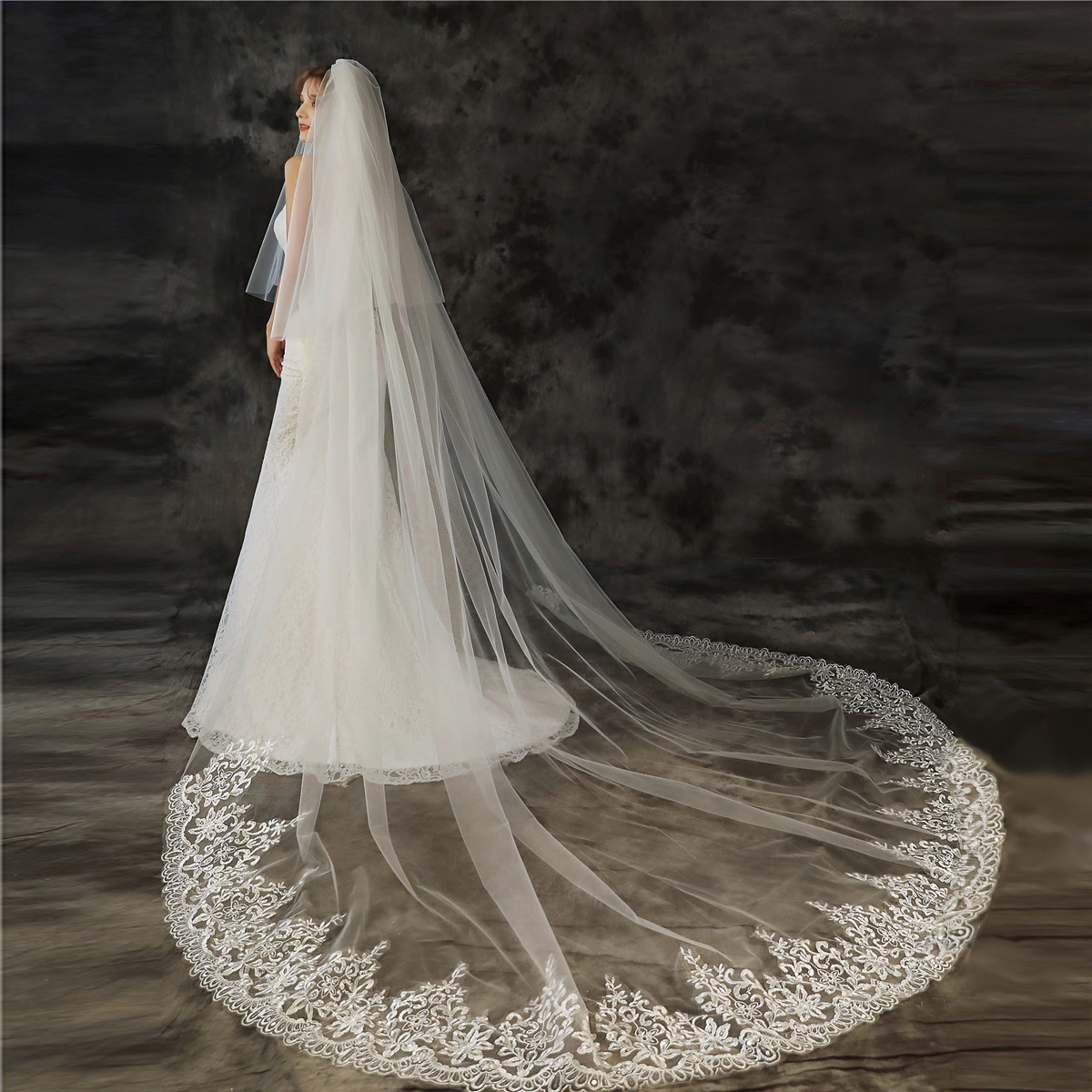 Double-Layer Trailing Wedding Veil with Sequin Lace