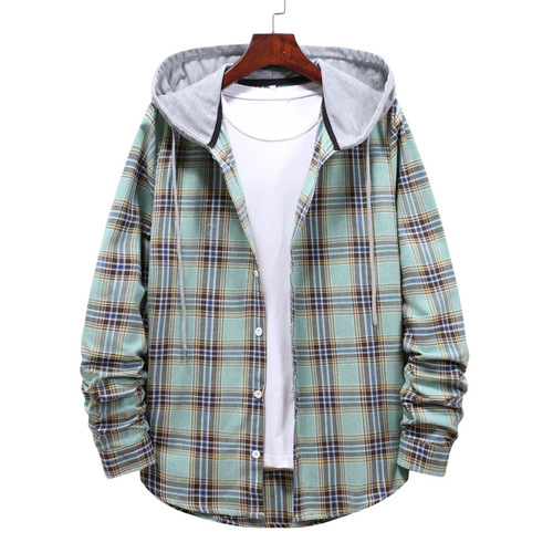EBAY Fall Plus Size Loose Fit Men's Hooded Plaid Print Shirt Couple's Shirt