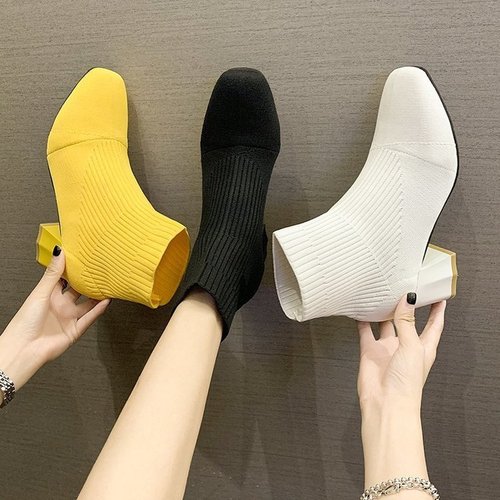 Women's Martin Boots, Winter Korean Style Square Toe Boot, Women's Thick Heel Medium Heel Knit Boots