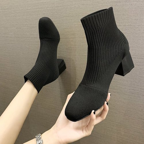 Women's Martin Boots, Winter Korean Style Square Toe Boot, Women's Thick Heel Medium Heel Knit Boots
