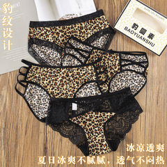 New leopard print combination ice silk sexy lace women's underwear, mid-low waist leopard print sexy underwear for women manufacturer