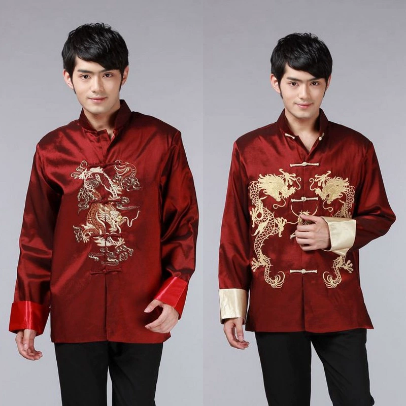 Мужской ретро костюм с вышивкой дракона Тан в китайском стиле, Мужской Топ с длинным рукавом, платье в китайском стиле, пальто для ежегодных встреч и выступлений