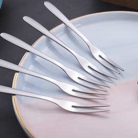 不锈钢叉子成人水果叉亮光两齿叉小吃尖尾肉叉果签可定颜色LOGO